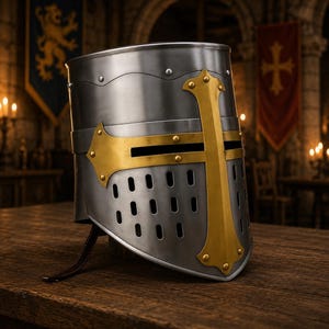 Könnte beinhalten: Ein silberner Ritterhelm mit einem goldenen Kreuzdesign auf der Vorderseite. Der Helm hat eine genietete Konstruktion und einen Leder-Kinnriemen. Der Hintergrund zeigt eine mittelalterliche Kulisse mit Bannern und Kerzen, die ein historisches oder Fantasy-Thema suggerieren.
