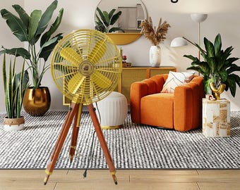Ventilatore a piantana in stile antico: treppiede in palissandro, alta velocità, ideale per l'arredamento di casa e ufficio.