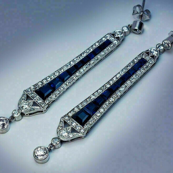 Long Wedding Earrings, 14K White Gold, Sapphire Drop Earrings, 2.5 Ct Blue Sapphire Earrings, Dangle Earrings, Handmade Jewelry, Gift Mom