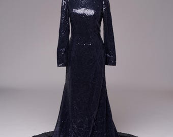 Handmade Glittering Navy Blue Full-Sleeve with Draped V-Cut Open Back Maxi Dress