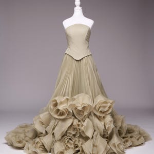 Handmade Olive Green Ruffle Strapless Dress: Rose Petal Gown, Elegant Party Dress