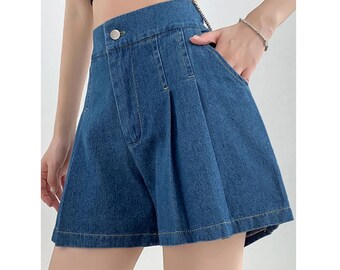 Women Summer Denim Shorts, Casual Pleated Mini Skirts, Loose Fit Comfy Shorts, Streetwear High Waist Shorts, Cotton Plus Size Shorts