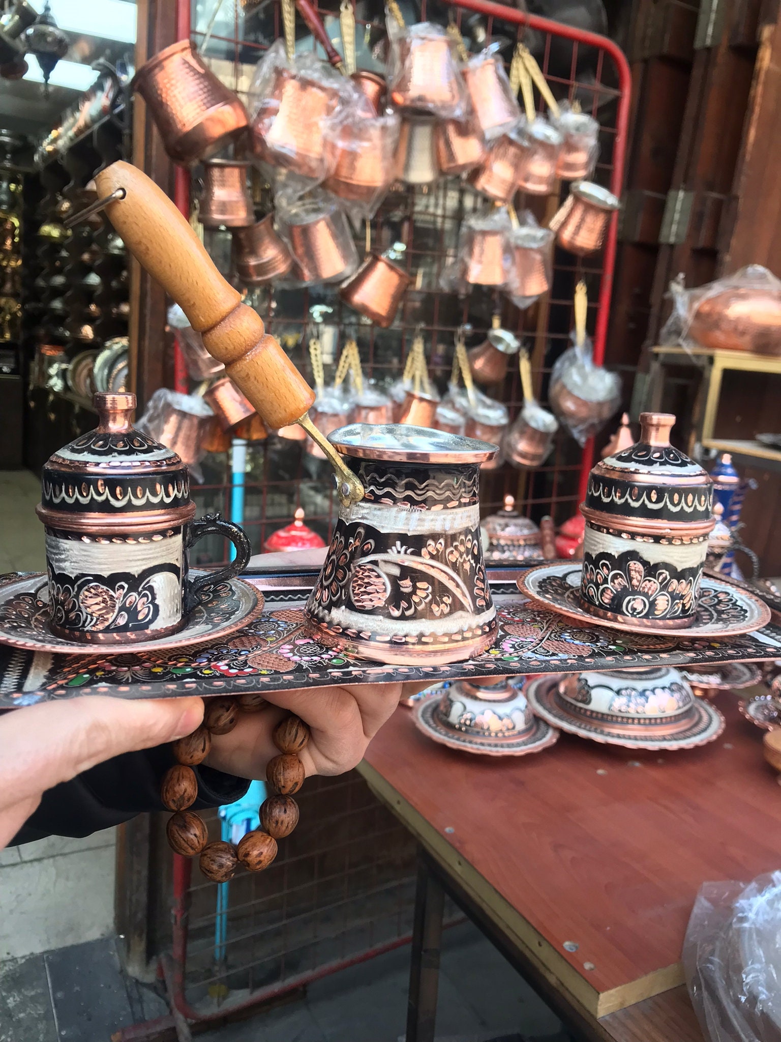 Copper Turkish Coffee Set - 2 Copper Coffee Cups, Porcelain Interior, Copper Lid, Tray, and Brewing Pot, gift