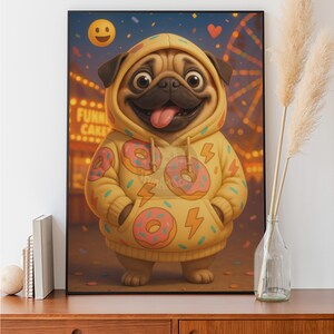 Kawaii Pug Art – Donut Hoodie Dog Print – Cute Carnival Pet Portrait – Digital Download