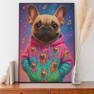 Neon French Bulldog Art – Colorful Hoodie Dog Print – Cartoon-Inspired Party Pet – Digital Download