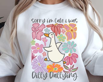 Blumengans PNG, Entschuldigung, ich bin zu spät, ich war Dilly Dallying Goose Png, sarkastische Retro PNG, lustige Mama png, Boho Blumen, Preppy Girly Shirt Design