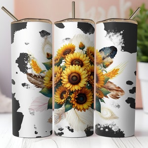 Sunflower Cow Print 20oz Skinny Tumbler Wrap, Sublimation Design, Digital Download PNG, Western Mama Tumbler Wrap PNG