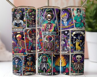 Sarcastic Tarot Cards Tumbler Wrap Swearing Witchy Skeleton 20oz Skinny Straight Tumbler Wrap Sublimation Design Funny Tumbler PNG Download