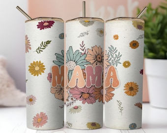 Retro Mama,Gifts for Mom,Mother's Day Gifts,20oz Skinny Tumbler Wrap, Sublimation Design, Digital Download PNG, Pink Floral Mom Tumbler Wrap