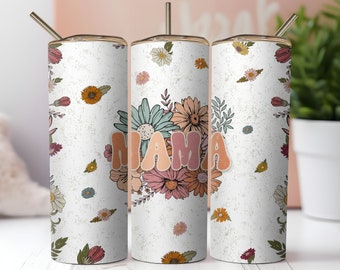 Retro Mama,Gifts for Mom,Mother's Day Gifts,20oz Skinny Tumbler Wrap, Sublimation Design, Digital Download PNG, Pink Floral Mom Tumbler Wrap
