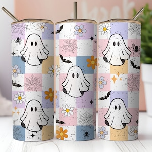 Retro Halloween Tumbler Wrap PNG, 20oz Skinny Tumbler Sublimation,Checkered Ghost Tumbler PNG,Spooky Season Tumbler, Pastel Halloween