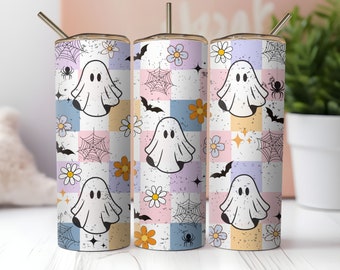 Retro Halloween Tumbler Wrap PNG, 20 Unzen Skinny Tumbler Sublimation, Karierter Geist Tumbler PNG, Gruseliger Saison Tumbler, Pastell Halloween
