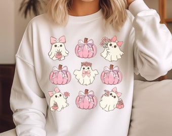 Rosa Geist Kokette Bogen PNG, Becherverpackung, Retro Herbst Kürbis Bogen Png, Halloween png Niedlicher rosa Geist, Boujee Geist, Herbst Sublimation Design