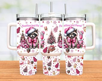 Feestelijk maar wild grappig 40oz beker wrap png, sarcastische wasbeer quencher handvat beker kerstsublimatie ontwerp, kerstmis 40oz download