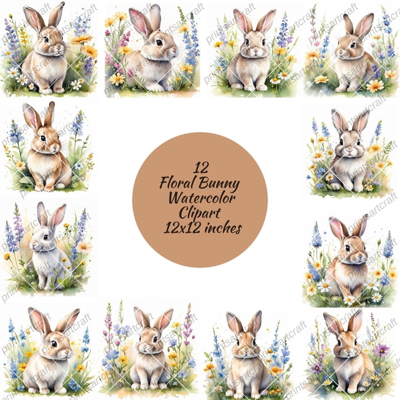 Floral Bunny Clipart, Printable Watercolor Clipart, 12 High Quality ...
