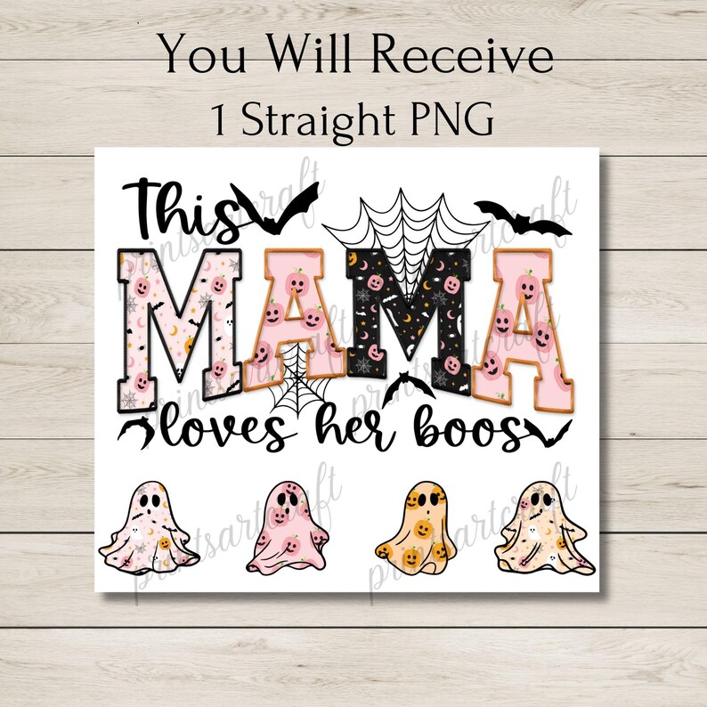Peut inclure: Graphique sur le th&egrave;me d'Halloween rose et noir avec le texte "This Mama loves her boos" et quatre fant&ocirc;mes avec des motifs de citrouille.