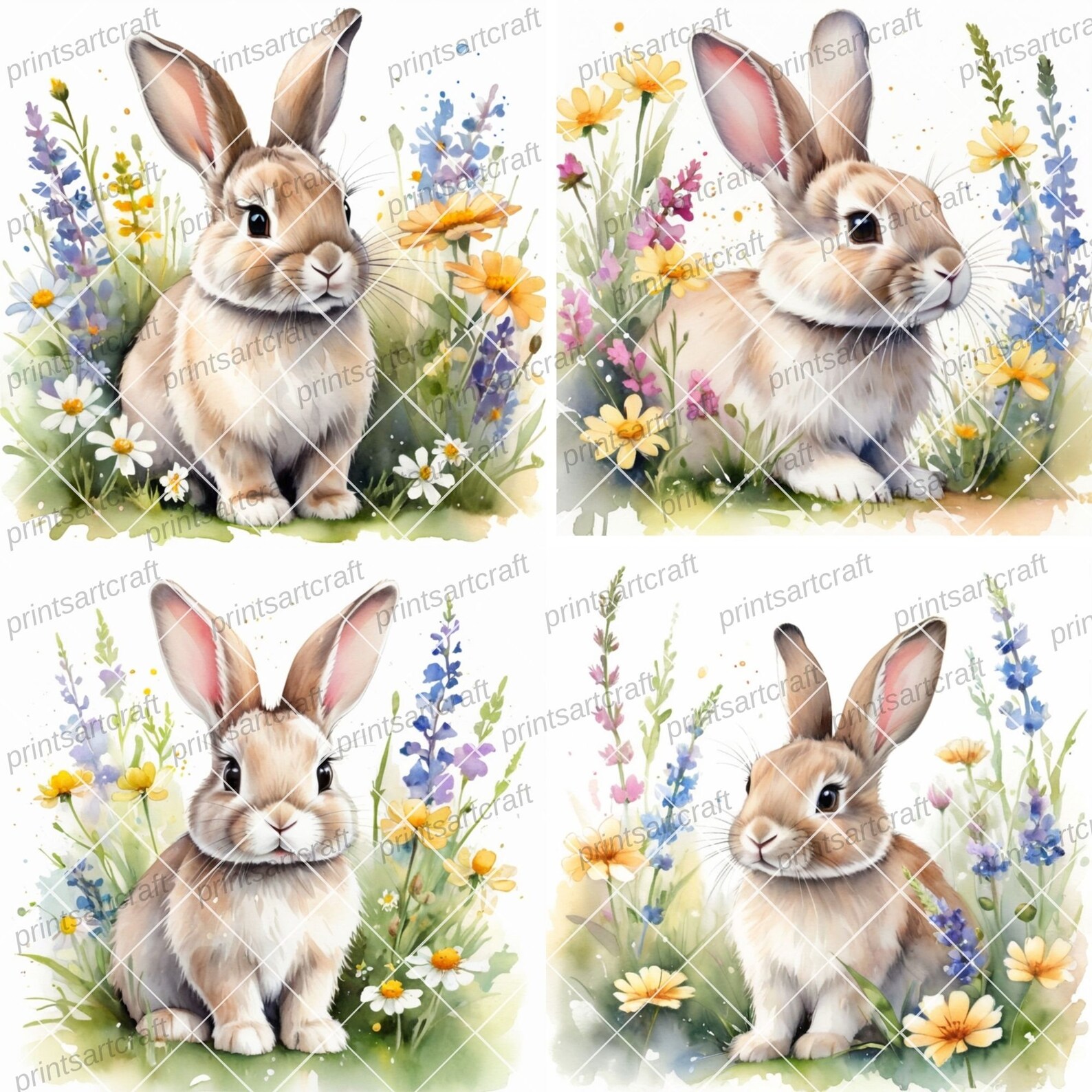 Floral Bunny Clipart, Printable Watercolor Clipart, 12 High Quality ...