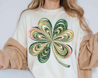 Trèfle pailleté PNG pour la Saint-Patrick, trèfle à quatre feuilles en sublimation, chemise à paillettes pour la Saint-Patrick, transfert DTF pour travaux manuels