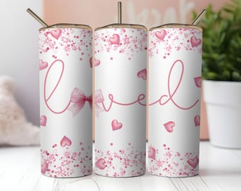 Corazones de San Valentín rosados y amados, vaso delgado de 20 oz, diseño de sublimación PNG, San Valentín, amor, rosa, brillo, PNG digital