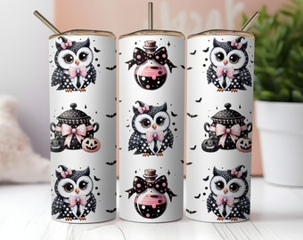 Halloween owl Tumbler Wrap PNG, 20oz Skinny Tumbler Sublimation,Checkered Ghost Tumbler PNG,Spooky Season Tumbler, Pastel Halloween