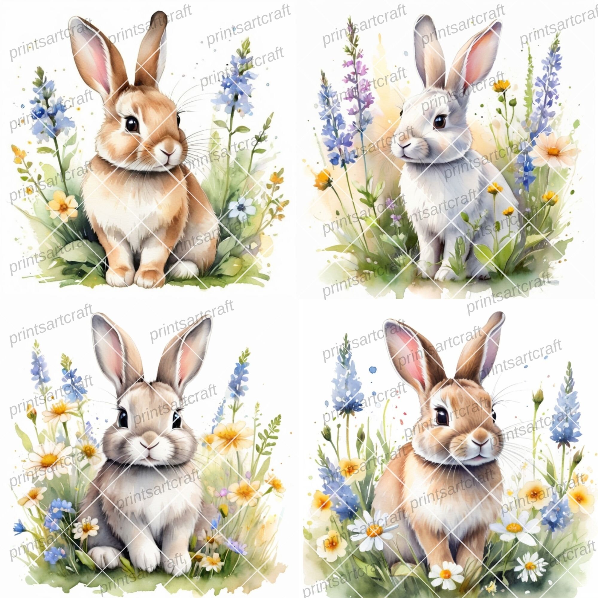 Floral Bunny Clipart, Printable Watercolor Clipart, 12 High Quality ...