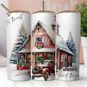 Most Wonderful Time Of The Year PNG, Winter Design,Christmas Red Truck Tumbler Wrap,Falling Snow PNG,20oz Skinny Tumbler Sublimation Design
