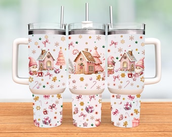 Pastel Gingerbread House 40 oz Tumbler Wrap - winterbekerverpakking -40 oz met handvat - kerstsnoep, snoepriet, koekje