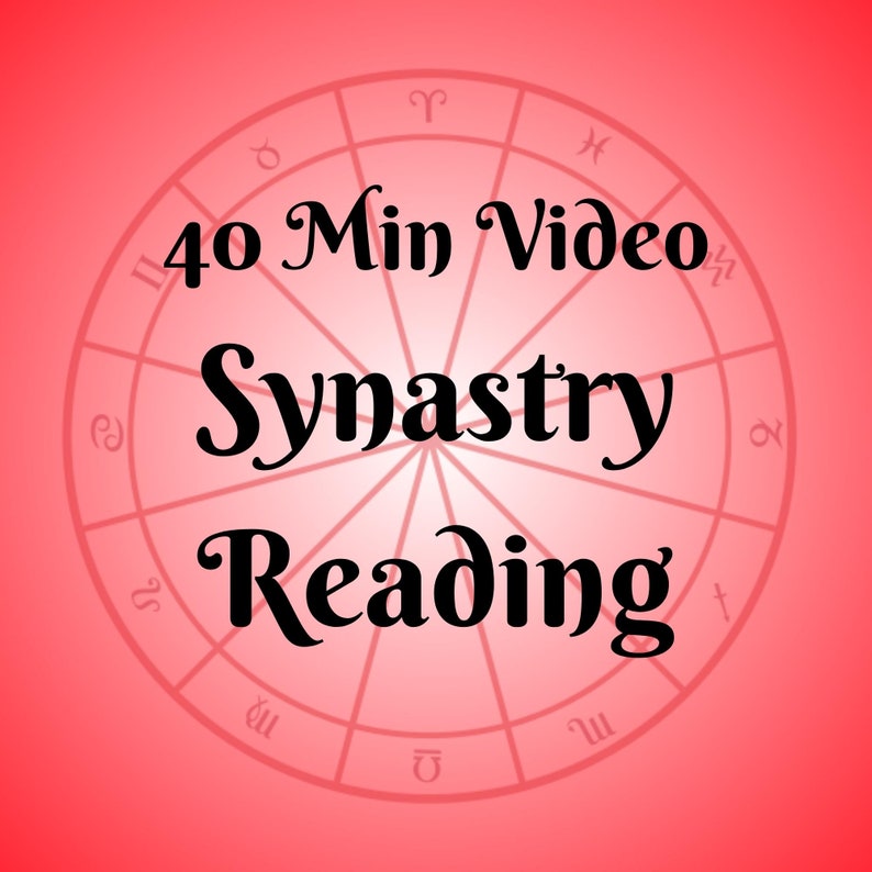 May include: A pink background with a red astrological chart. The text "40 Min Video Synastry Reading" is in black.
