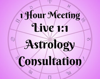 May include: A pink background with a white astrological chart featuring the zodiac signs. The text "1 Hour Meeting Live 1:1 Astrology Consultation" is written in black cursive font.