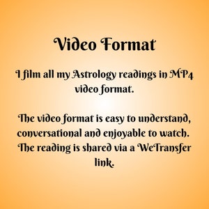 May include: Text on a yellow background that reads "Video Format" and explains that the Astrology readings are filmed in MP4 video format and shared via a WeTransfer link.