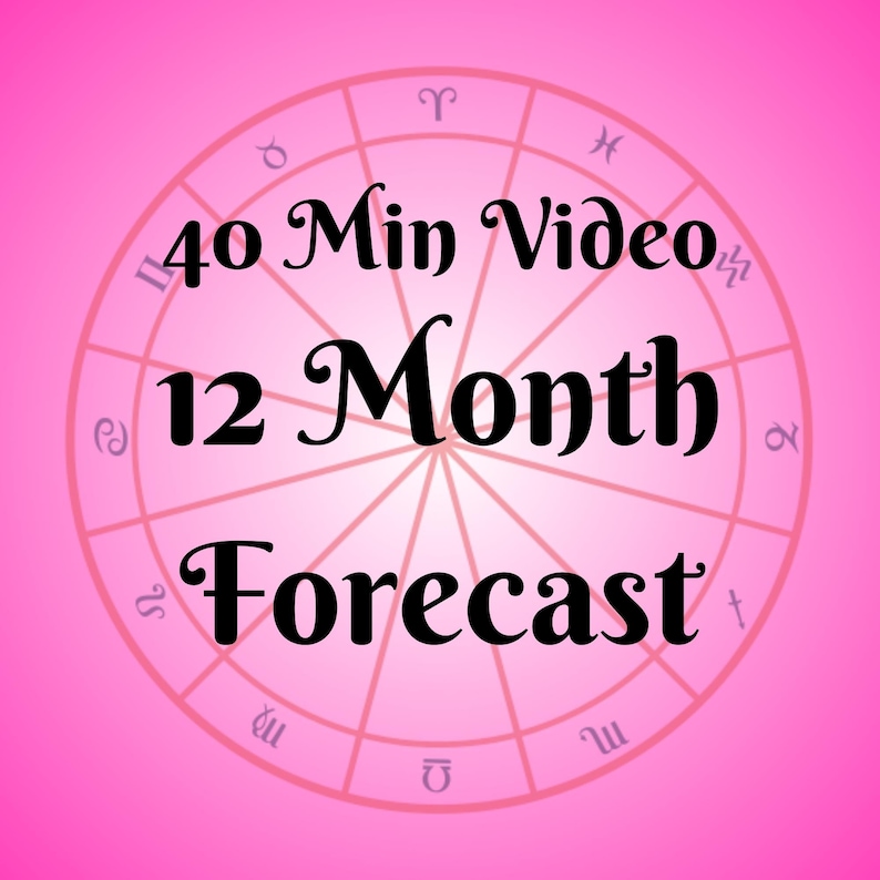Op de afbeelding: Een roze achtergrond met een dierenriemwiel met de 12 astrologische tekens. De tekst "40 Min Video 12 Month Forecast" is geschreven in vetgedrukt zwart.