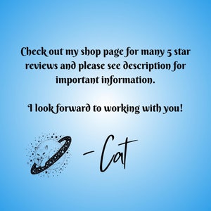 K&ouml;nnte beinhalten: Eine Schwarzwei&szlig;illustration einer schlafenden Katze in einem Kreis mit Sternen. Der Text "Check out my shop page for many 5 star reviews and please see description for important information. I look forward to working with you! -Cat" befindet sich unter der Illustration.