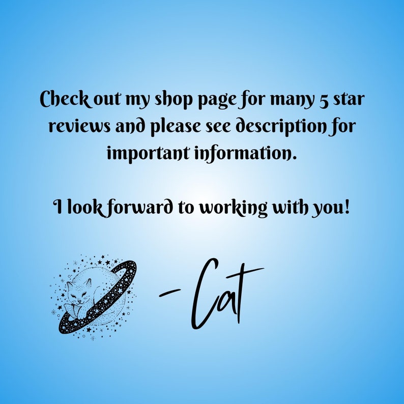 K&ouml;nnte beinhalten: Eine Schwarzwei&szlig;illustration einer schlafenden Katze in einem Kreis mit Sternen. Der Text "Check out my shop page for many 5 star reviews and please see description for important information. I look forward to working with you! -Cat" befindet sich unter der Illustration.