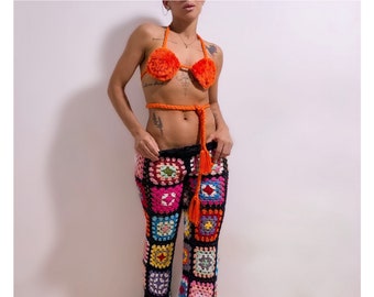 Crochet summer pants set-beach crochet wear- Boho beach wear pants top set-summer woman crochet pants -knitted top-knitted party festival