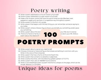 100 Poetry Prompts, Printable Poem Writing Inspiration for Poets, Unique Emotional Ideas for Writers