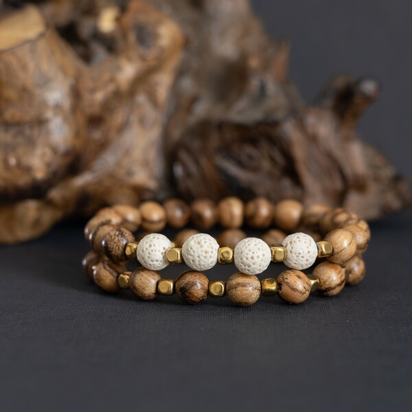 Sandalwood beaded bracelet set with white lava stones, handmade stretch bracelet for women and men. wooden 8 mm trendy bracelet set.