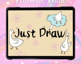 May include: A digital illustration on a tablet featuring three cartoon geese, flowers, and the words "Just Draw." The background is a light tan color with a pattern of flowers. The text "Procreate Brush" is at the top.