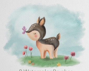 May include: A watercolor illustration of a cute fawn with closed eyes, standing in a field of green grass and pink flowers. A purple butterfly is flying near the fawn's face. The text "8 Watercolor Brushes easy to use" is at the bottom of the image.