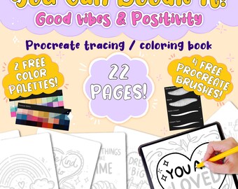 Procreate Tracing / Coloring book - Good Vibes & Positivity / Lettering / Procreate workbook / Digital tracing coloring for mindfulness
