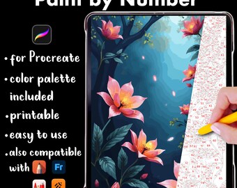 Magic Flowers in Forest Paint by Number Coloring Page | Fantasy Digital Coloring for Procreate, PNG & SVG, digital download