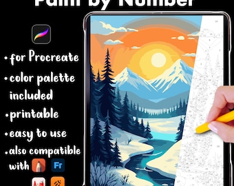 Paint by Number for Adults & Kids - Winter Landscape, iPad Procreate Coloring Page, Printable Paint by Numbers, digital download