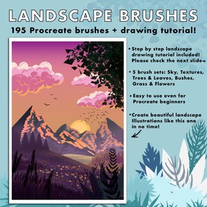 May include: A digital illustration of a sunset landscape with mountains, a lake, and trees. The illustration is created with 195 Procreate brushes and includes a step-by-step drawing tutorial.