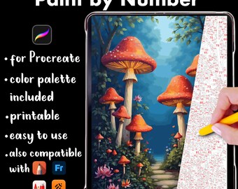 Magic Mushrooms in Forest Paint by Number Coloring Page | Fantasy Digital Coloring for Procreate, PNG & SVG, digital download
