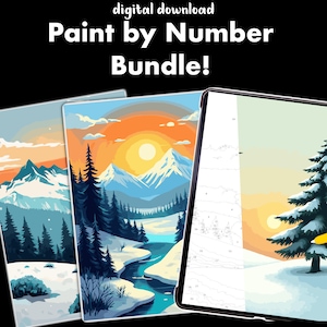 Pode incluir: Pacote de download digital de arte de paisagens para pintar por números. As imagens apresentam cenas de montanhas com neve, árvores e rios, com uma vibrante paleta de cores de azuis, laranjas e verdes. O texto "Paint by Number Bundle!" é exibido no topo.