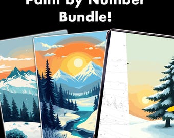 ¡Paquete de 3 dibujos para pintar por números! Dibujos para colorear de paisajes invernales para adultos y niños, para Procreate. Dibujos para pintar por números imprimibles, descarga digital.