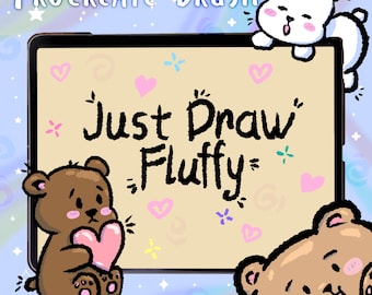 Puede incluir: Ilustración digital con una tableta con el texto "Just Draw Fluffy". La imagen incluye osos de dibujos animados, corazones y estrellas. Las palabras "Procreate Brush" están en la parte superior. El fondo tiene un esquema de color pastel suave.
