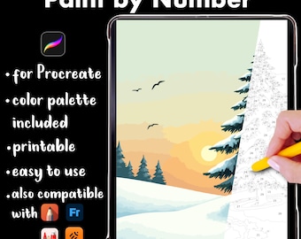 Paint by Number for Adults & Kids - Winter Landscape, iPad Procreate Coloring Page, Printable Paint by Numbers, digital download