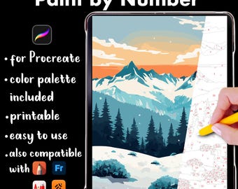 Pintura por números para adultos y niños: Paisaje invernal, página para colorear para iPad y Procreate, pintura por números imprimible, descarga digital