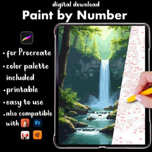 May include: Digital download of a "Paint by Number" art project. The image shows a tablet displaying a waterfall scene with numbered sections for painting. Text includes "for Procreate," "color palette included," and "printable."