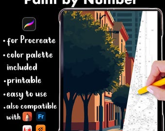 Pintura por números para adultos y niños: Ciudad con estilo retro, página para colorear para iPad y Procreate, pintura por números imprimible, descarga digital.